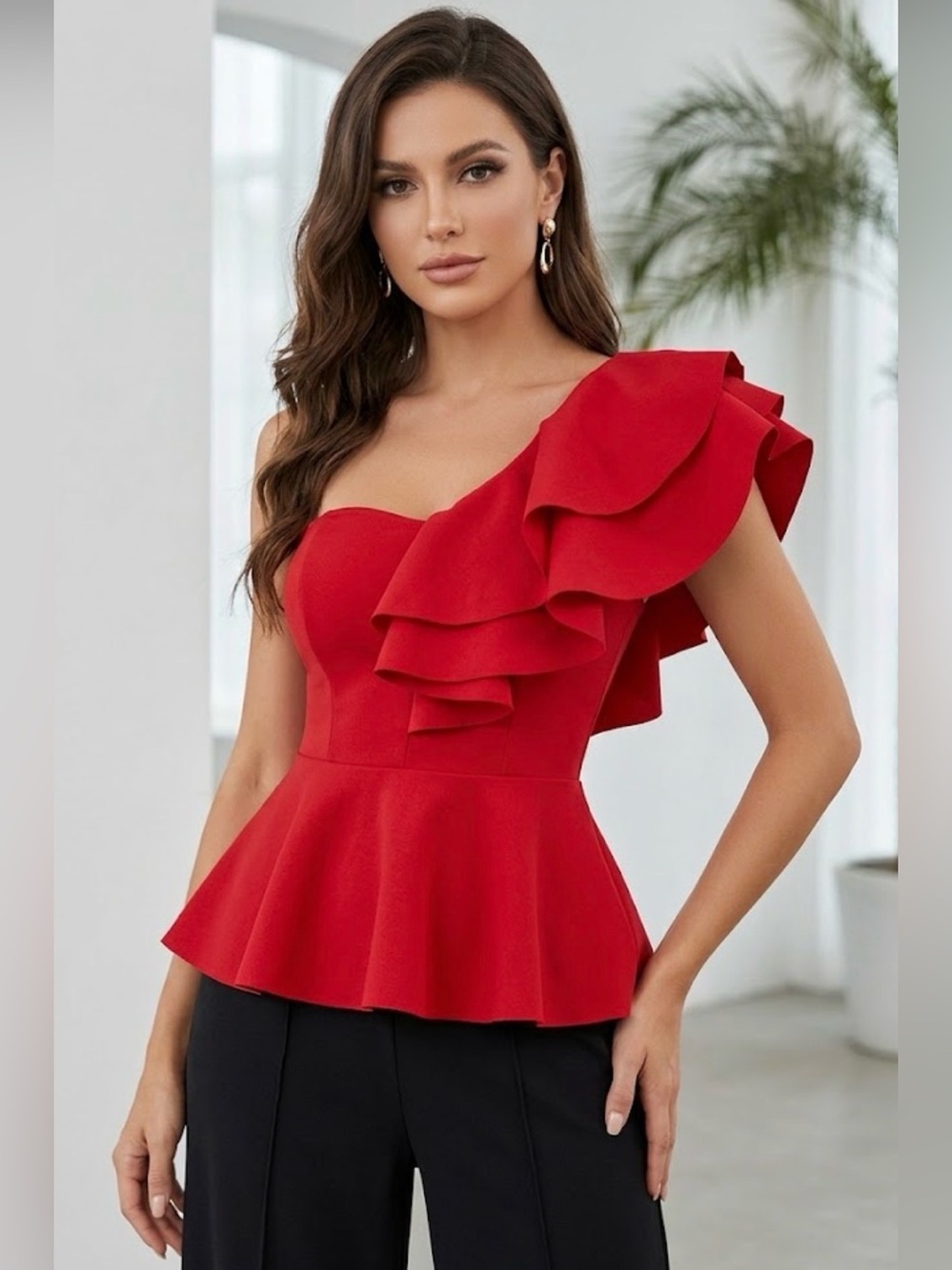 SHEIN Red One-Shoulder Ruffle Top size L